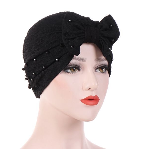 

womens full pearl bowknot bow tie stretch hijab turban headwear cap ruffle chemo hat beanie for cancer patients hair accessories, Blue;gray
