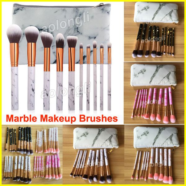 

2018 marble makeup brushes 10pcs set +leather bag beauty tools blush powder eyebrow eyeliner makeup brush powde foundation brushes