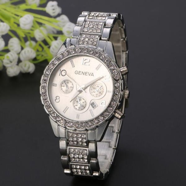 

style men and women personality steel band point diamond new steel band watch business set with three-eyed quartz calendar watch, Slivery;brown