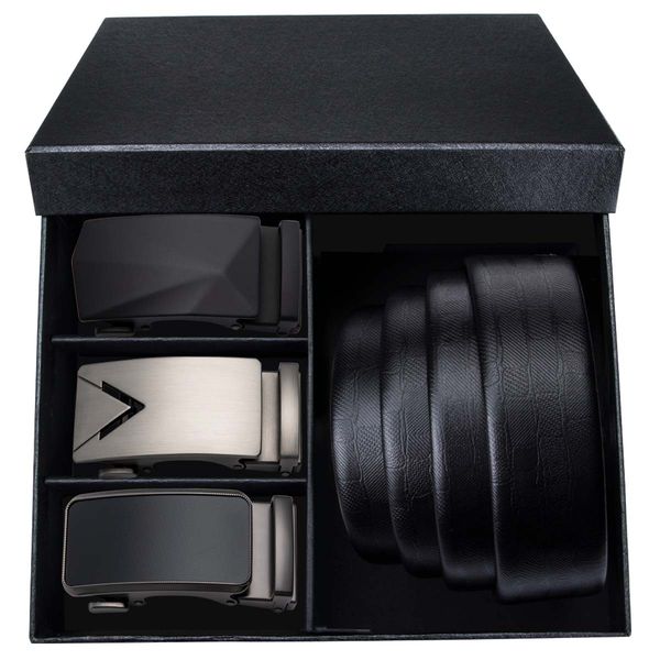 

mens leather belt black belt with 3 automatic buckles adjustable strap gift box dk-2009 2013 2015, Black;brown