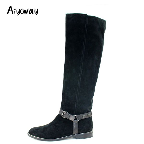 

aiyoway fashion women ladies round toe flats knee boots autumn winter dress shoes full zip ankle buckle black faux suede