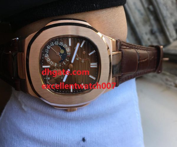 

5712 5712gr-001 nautilus chocolate white gold moonphase blue dial automatic mechanical men's watch leather strap rose g, Slivery;brown