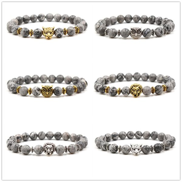 6 stili 8mm grigi perle in pietra naturale per perle bracciale metallo con gufo leone testa di ciondoli Buddha preghiera preghiera Gioielli bracciale yoga