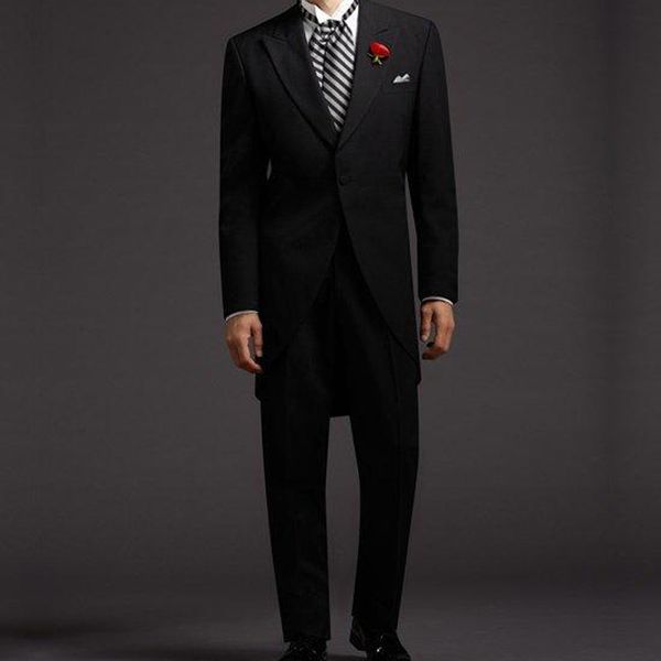 

two piece black wedding tailcoat for groom wear 2018 peaked lapel one button custom made long evening prom men suits jacket pants, Black;gray
