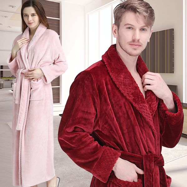 

women men winter extra long warm bathrobe luxury thick flannel grid fur bath robe soft thermal dressing gown bridesmaid robes, Black;red