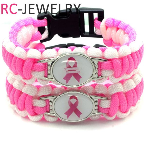 

10 pcs/lot) pink breast cancer fighter awareness ribbon paracord bracelet survival friendship outdoor camping sports jewelry, Golden;silver