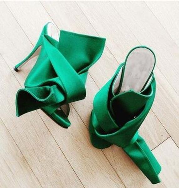 

european and american silk satin bow knot hollow street shooting model banquet high heel leakage toe female sandals, Black