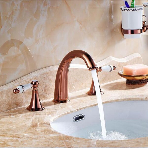 

rose gold dual ceramic handles bathroom basin faucet waterfall sink mixer tap