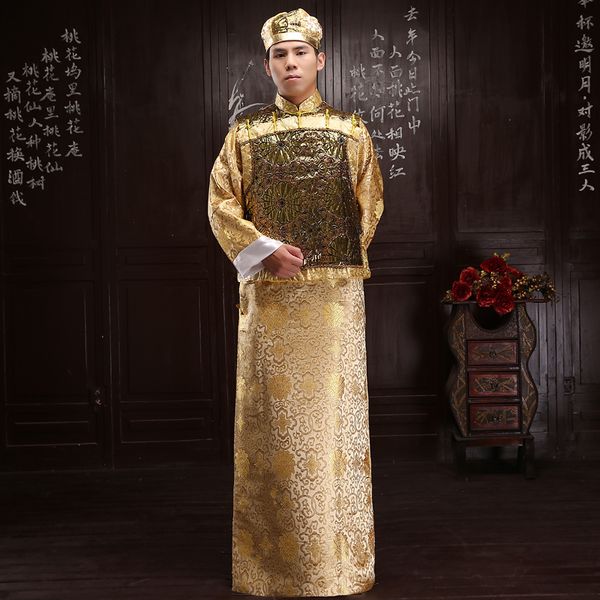 Chinesische Qing-Dynastie Manchu Goldene Kleidung Langes Kleid Robe Jacke Chinesisches Herren Traditionelles langes Kleid Robe Solides gelbes Kostüm