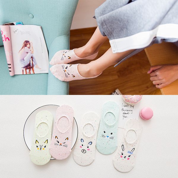 

10 pices = 5 pairs spring summer silicone non-slip color dot yarn cotton women socks cartoon animal female slipper socks, Black;white