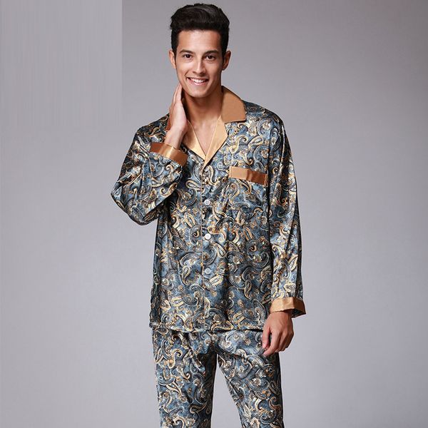 

Mans V Neck Fake Silk Pajamas for Men with L XL XXL Size with Printing Open Shirt with Button Sleepwear For Long-Sleeve Pajamas