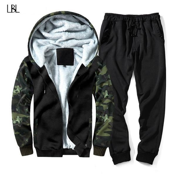 

winter camouflage men's set thick warm hooded tracksuit men inner fleece add fluff jacket male tow pieces brand chandal hombre, Gray