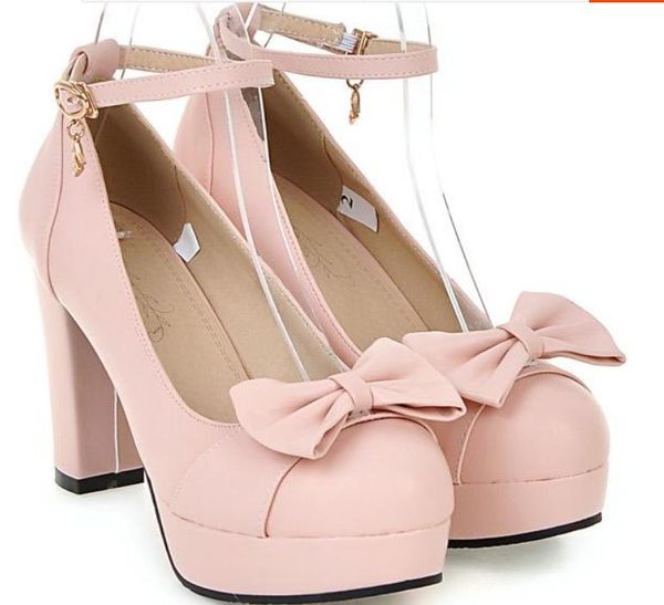 

send 2017 spring new style coarse heel round head high heel shallow mouth single shoes bowknot waterproof table women's shoes, Black