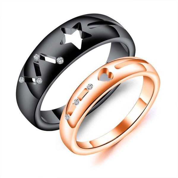 Ausgehöhlter Stern-Herz-Paarring, Valentinstagsgeschenk, Großhandel, Roségold, schwarzer glänzender Ring für Männer und Frauen