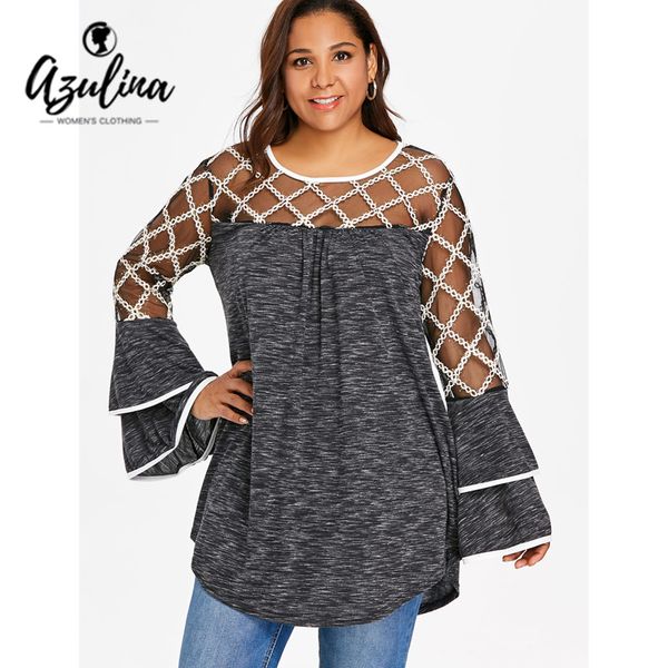 

azulina plus size women o neck plaid mesh trim long sleeve t-shirt casual sheer yoke layered flare sleeve tunic t shirt, White