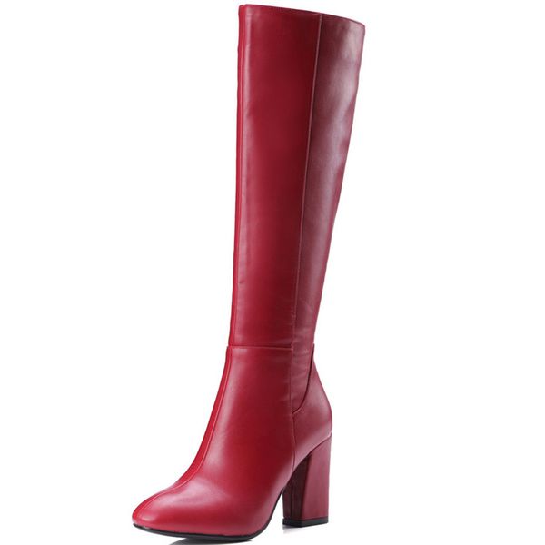

black red women autumn boots square heel zipper ladies boots square heel pu fashion knee high boots