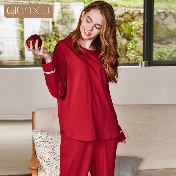 

2018 autumn xxl two-piece female casual pajama sets ladies solid sleepwear suit women long sleeve round collar t shirt & pants, Blue;gray
