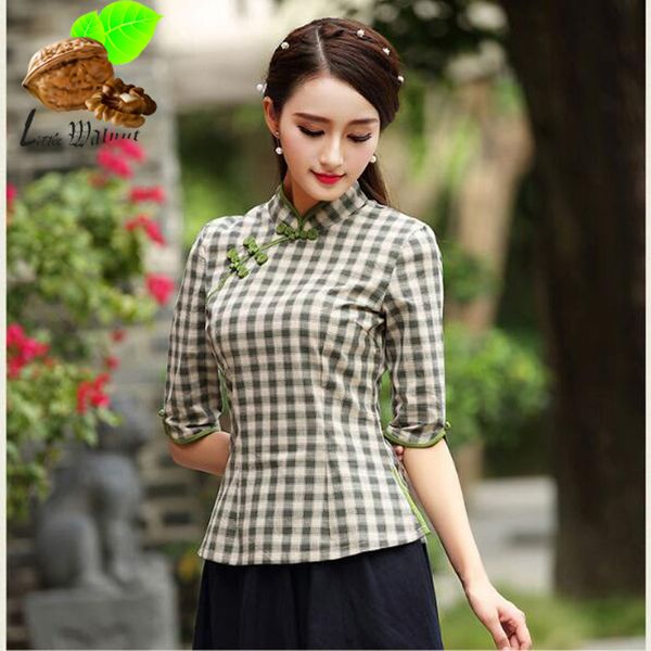 

female tang suit plaid cheongsam vintage preppy style cheongsams tee women's chinese traditional clothes girls qipao shirt, Red
