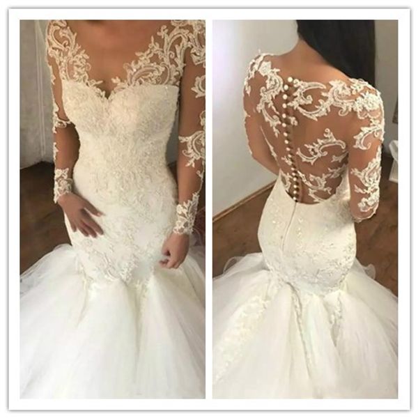 

элегантный кружева русалка свадебное платье иллюзия тюль v-образным вырезом с длинным рукавом арабский страна свадебное платье невесты плать, White