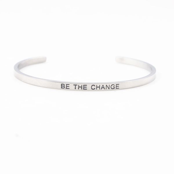 

silver stainless steel engraved positive inspirational quote cuff bracelet "be the change" mantra bangle for women men gift, Black