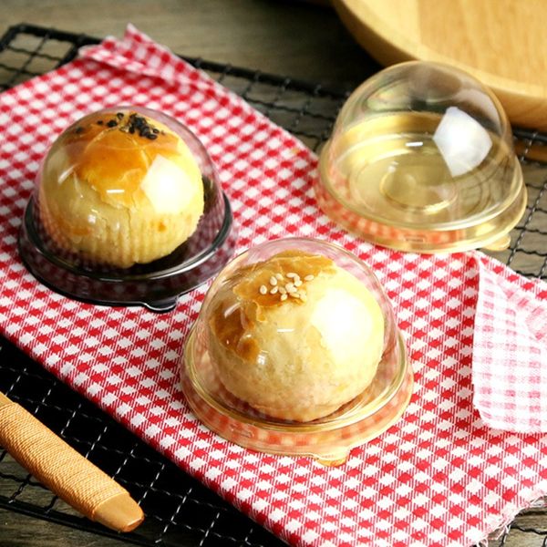 Goldene runde Kunststoff-Kuchenschachtel mit einem Tablett, lebensmittelechtem Kunststoff, zum Backen von Muffins, als Geschenkverpackung für Gastgeschenke