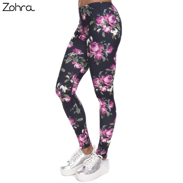 

zohra new women leggings retro roses printing fitness legging elegant elasticity leggins high waist legins trouser pants, Black