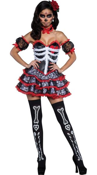 

mexican day of the dead fancy dress senorita bone-ita skeleton horror helloween bride vampire skull costume, Black;red