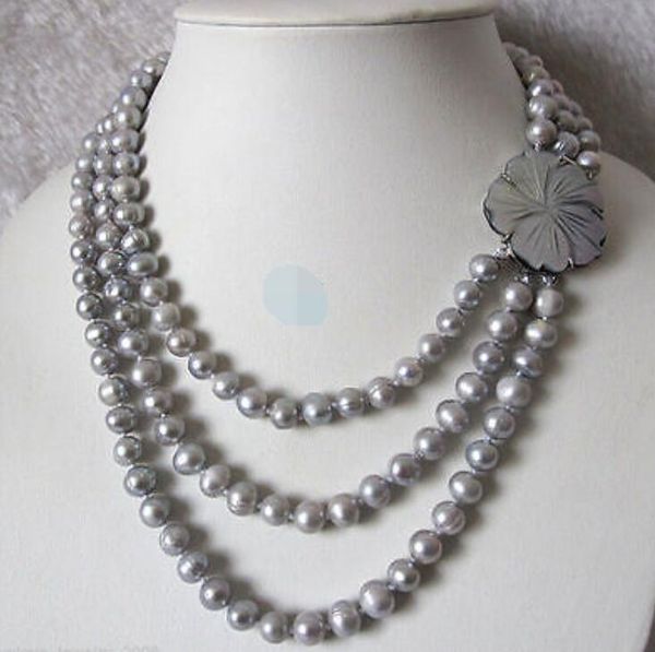 

gt;>>17" 7-8mm 3row silver gray freshwater pearl necklace shell clasp jewelry