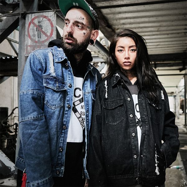 

cardigan jacket denim men and women loose street hip-hop punk hole zipper cuff jeans jacket letter stand vintage coats, Black;brown