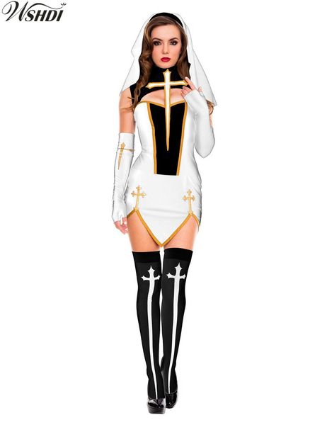 New Sexy Nun Traje Adulto Mulheres Cosplay Com Meias Com Capuz Branco Para O Dia Das Bruxas Irmã Cosplay Partido Traje S19706