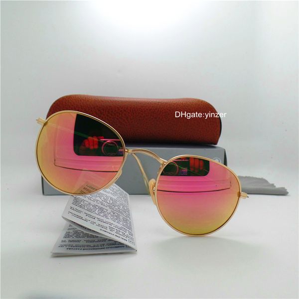 

glass lens round classic sunglasses men women brand designer circle uv400 mirror 51mm outdoor oval metal sun glasses brown case box, White;black
