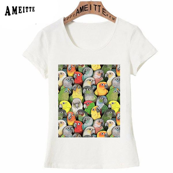 

new summer women t-shirt colorful color of conures print t-shirt super multi bird design girl casual fashion woman tees, White