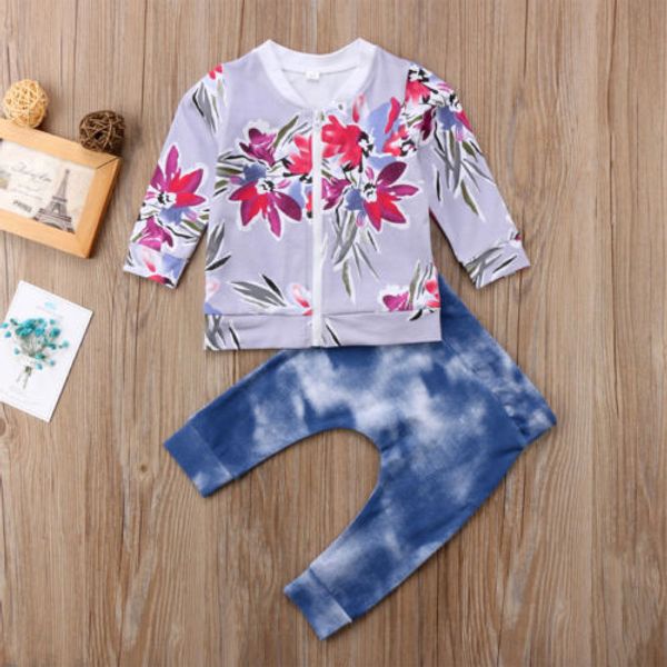 

newborn infant baby girl outfits floral destroyed jeans pant cotton clothes set, White