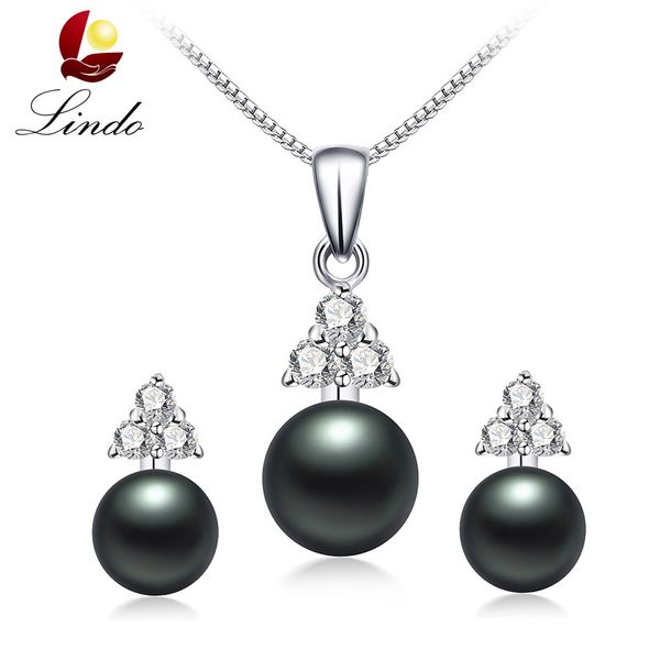 

fashion 5a natural pearl jewelry sets for women fine 925 sterling silver earrings sets elegant wedding freshwater pearl jewelry, Black
