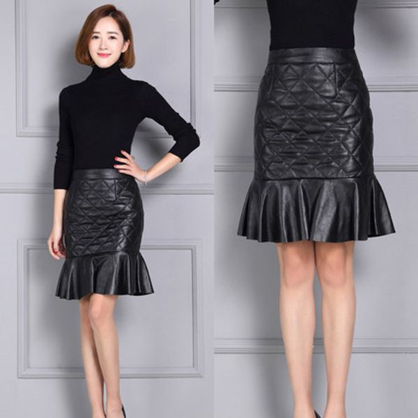 

fashion leather sheepskin leather skirt, Black