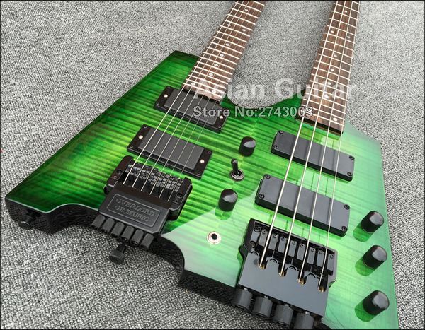

green dark flame maple headless double neck electric bass guitar 6 strings + 4 strings, black hardware, tremolo bridge
