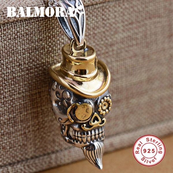 

balmora 100% real 925 sterling silver punk skull with a hat pendants for necklace men accessories fashion cool jewelry sy13011, Black