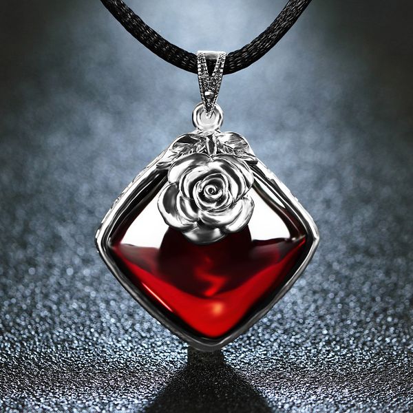 

edi 925 sterling silver garnet pendant necklace retro silver flower necklace for women