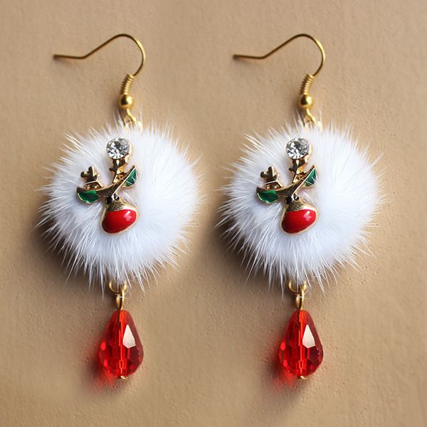 

fashion christmas santa claus sika deer white velvet ball red crystal earrings christmas decoration earrings fish hook ear earrings, Silver