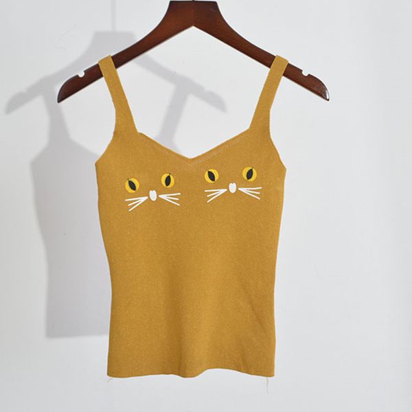 

lovely cats prined crop v-neck sleeveless knitted tank streetwear summer for women 2018 plus size womens clothing, White