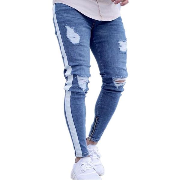 

2018 new style fashion knee hole men's trend jeans, Blue