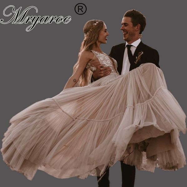 

Mryarce champagne wedding dre 2019 leevele v neck boho hippie tyle whim ical ruched kirt tulle bridal gown