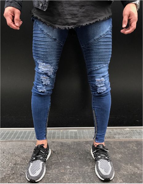 

Men Biker Distressed Ripped Long Pants Streetwear Skinny Jeans Blue Causal Hole Hip Hop Denim Jeans Plus Size 28-38