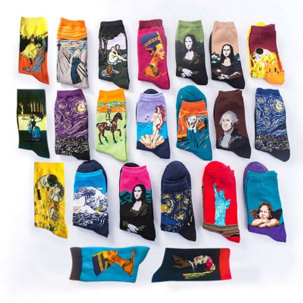 

starry sky mona lisa printed mens sports socks pure cotton short socks 10pcs/lot, Black