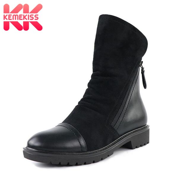 

women new women mid calf boots fashion zipper round toe flats shoes winter warm fur casual footwear size 36-41, Black