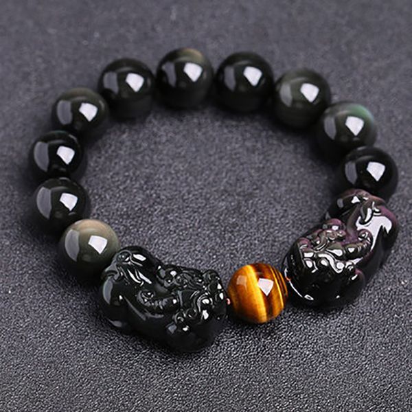 

wholesale rainbow eye natural obsidian bracelets beads with double pixiu bracelet lucky for women men energy bracelet jewery, Black