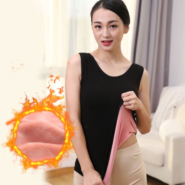 

winter 2018 basic warm tank vest for women add wool upset base slim stretch sleeveless thermal clothes, Black;white