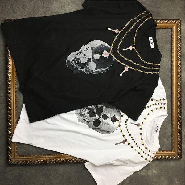 

2018 summer t-shirts street fashion simulation gemstone necklace cross skull print t cotton crew neck men and women short-sleeved t-shirt, White;black