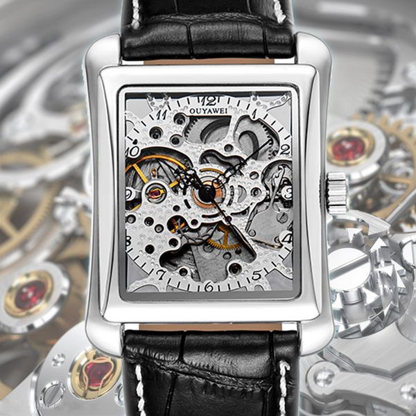 

square mechanical watches mens watches automatic watch golden case male clock black mechanical watch ouyawei, Slivery;brown