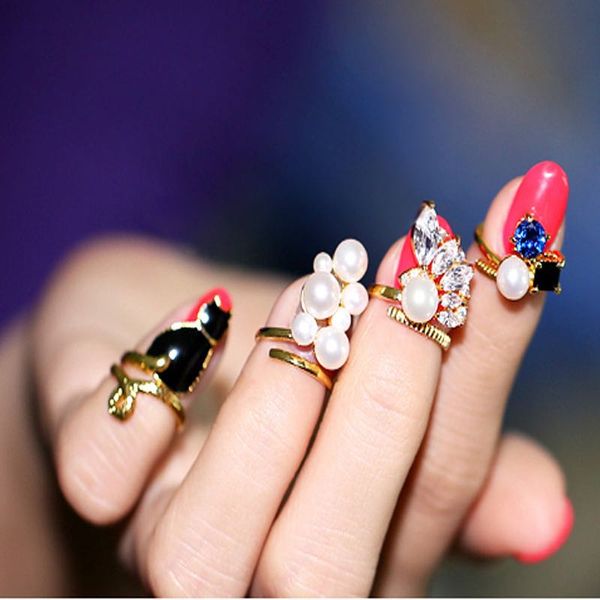 

new fashion joint rings women jewelry cat pearl nail ring rhinestone manicure fingernail rings 4pcs in one set charm nail rings, Silver
